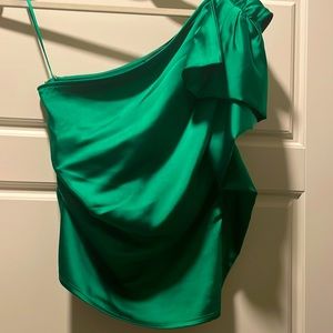 Express green satin one shoulder ruffle top